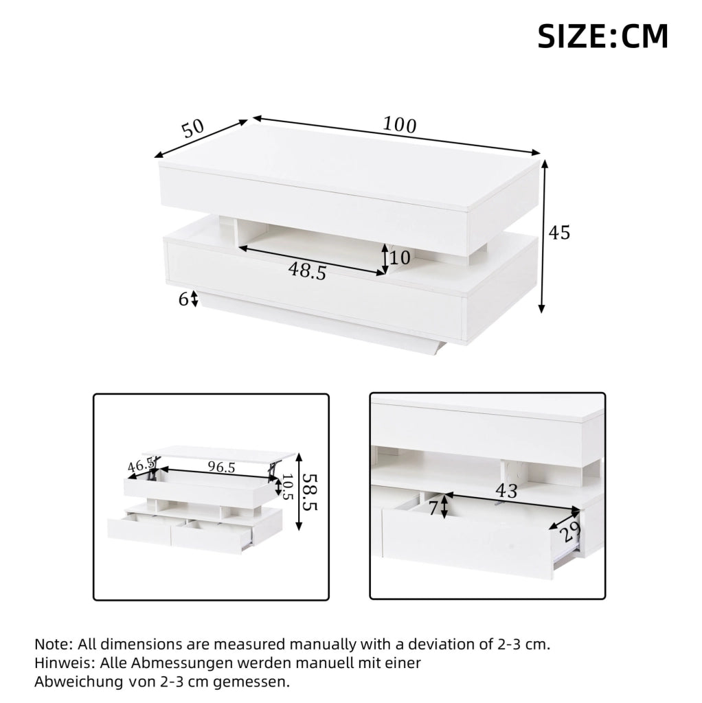 Tavolino da caffè sollevabile con LED e contenitore 100 x 50 x 45 cm; bianco lucido