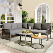 Set lounge da giardino con 3 divani e 2 tavolini; struttura in metallo e poliestere grigio