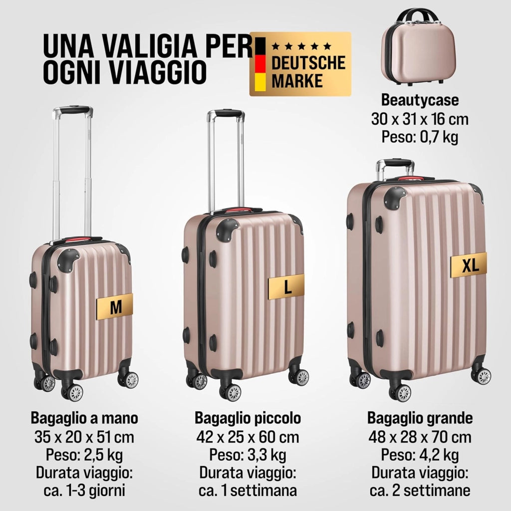 Set Valigie Rigide 4pz con Beauty Case incl. Lucchetto Organizer Bilancia Trolley Bagaglio Rosa