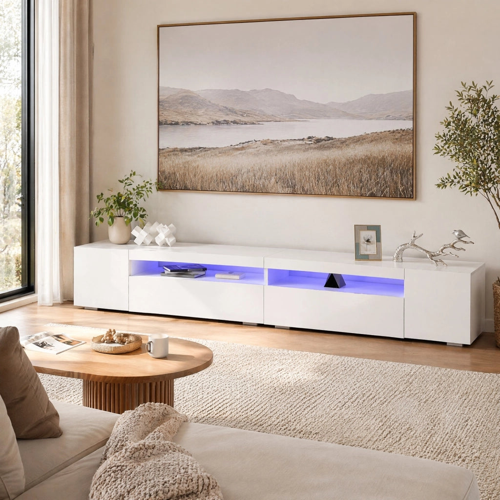 Mobile porta TV bianco da 240 cm in MDF con illuminazione variabile e ampio spazio contenitore