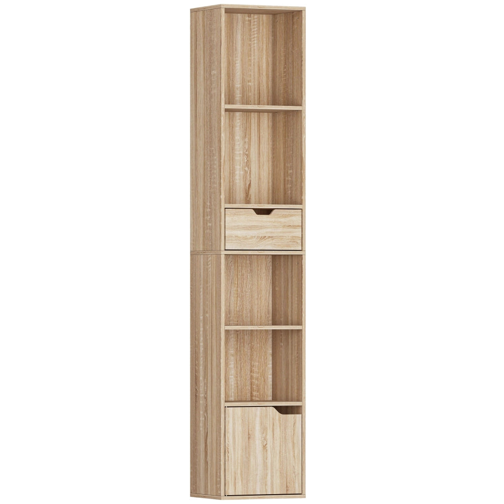 Scaffale Libreria 30x24x158 cm a 4 Ripiani Aperti con Armadietto e Cassetto Color Legno