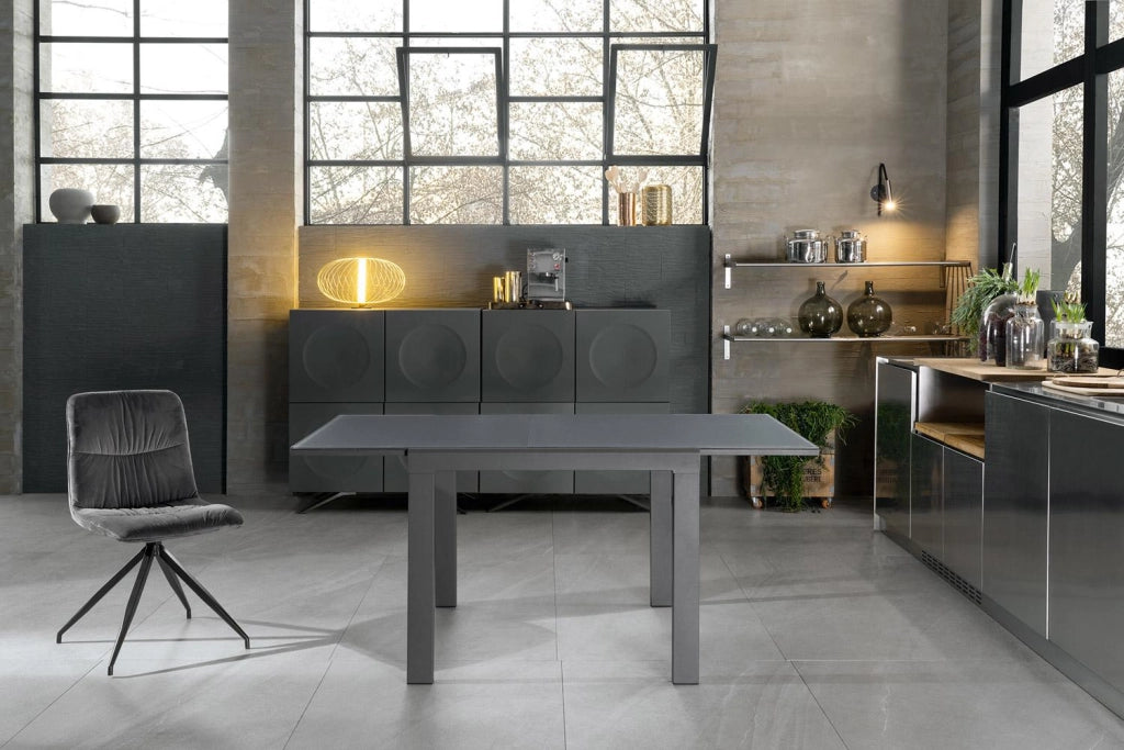Tavolo Allungabile 90/163,5x90x76 cm in Metallo con Top in Vetro Grigio