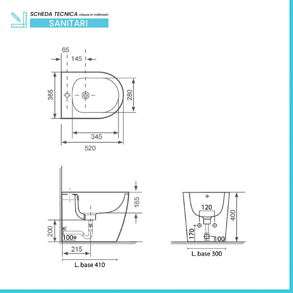 Sanitari filo muro P 52 cm in ceramica bianca con seduta ovale e scarico rimless Velora