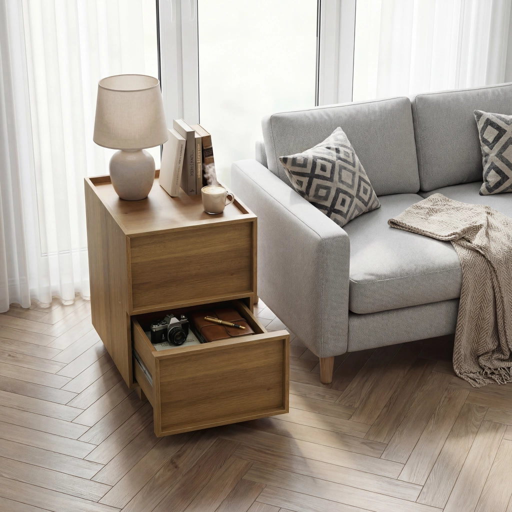 Comodino con 2 cassetti senza maniglie, in MDF e pannello truciolare, per camera da letto, rovere, 38 × 48 × 55 cm