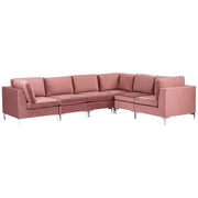 Divano componibile ad angolo versione sinistra in velluto rosa 6 posti a forma di L con gambe in metallo argento stile glamour