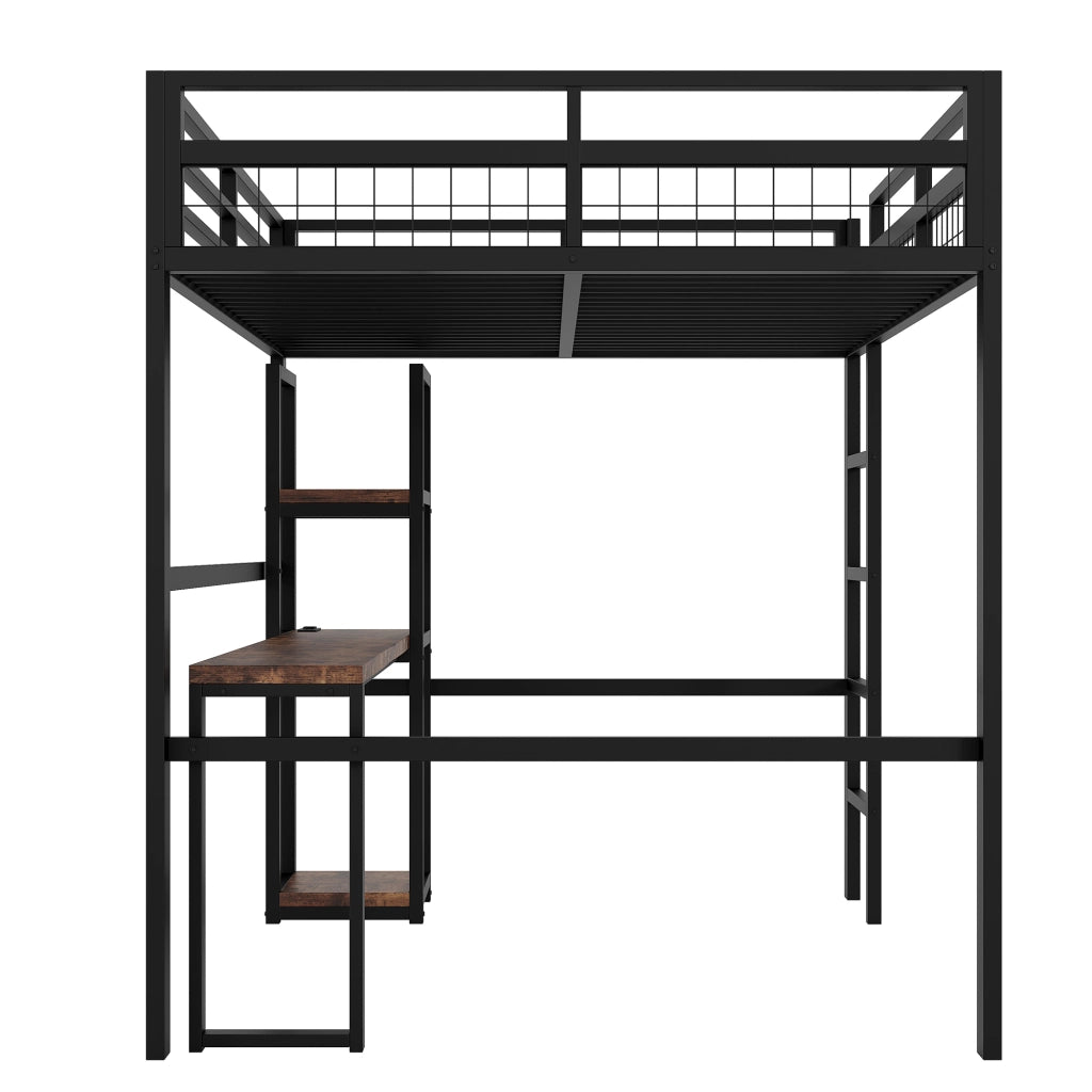 Letto a castello nero in metallo con scrivania e ripiani 140x200 cm