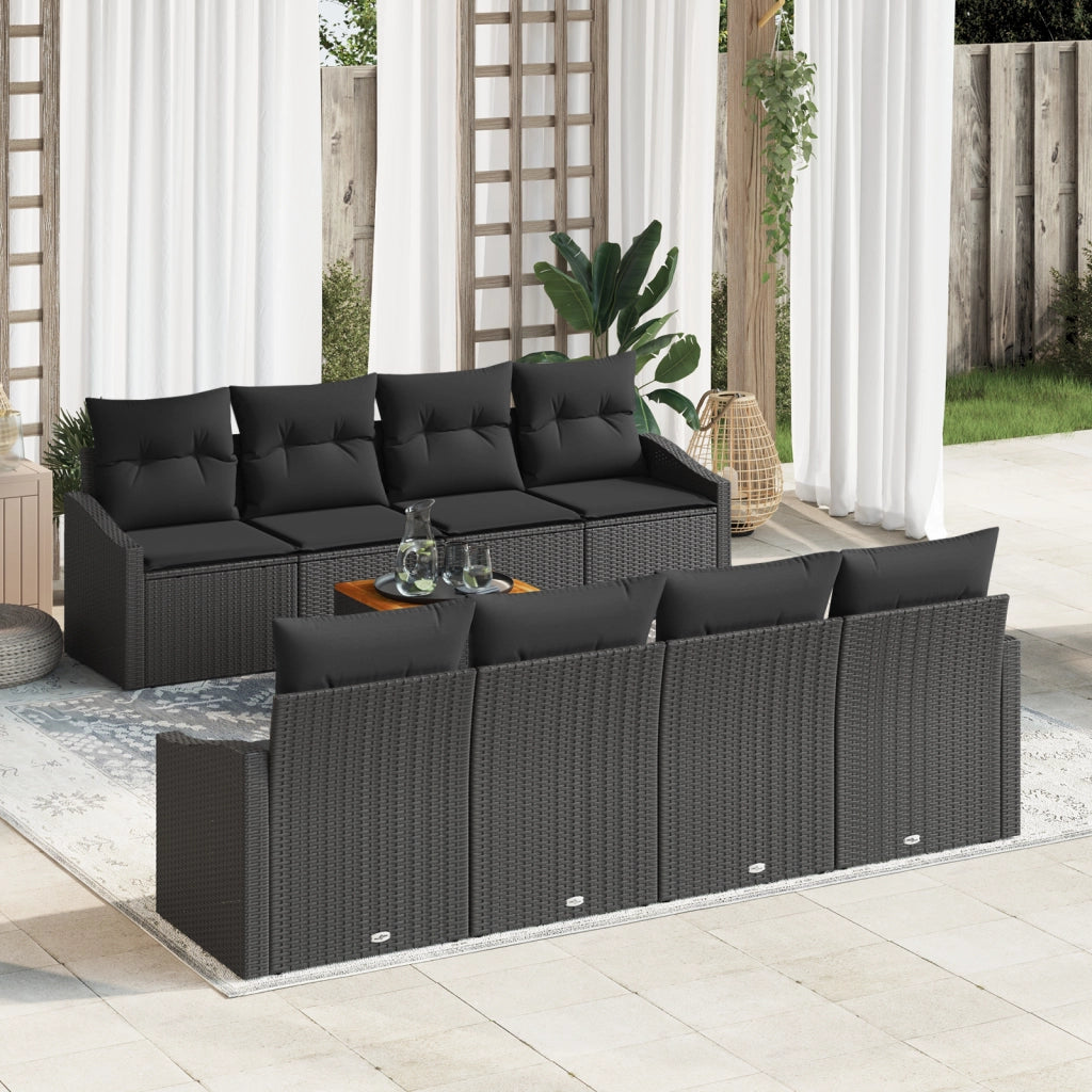 Set Divano Giardino da 9 Pezzi con Cuscini Nero Polyrattan Acacia