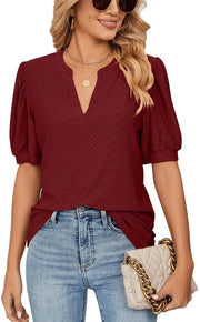 T-shirt da donna con collo V - top estivo informale con maniche a sbuffo