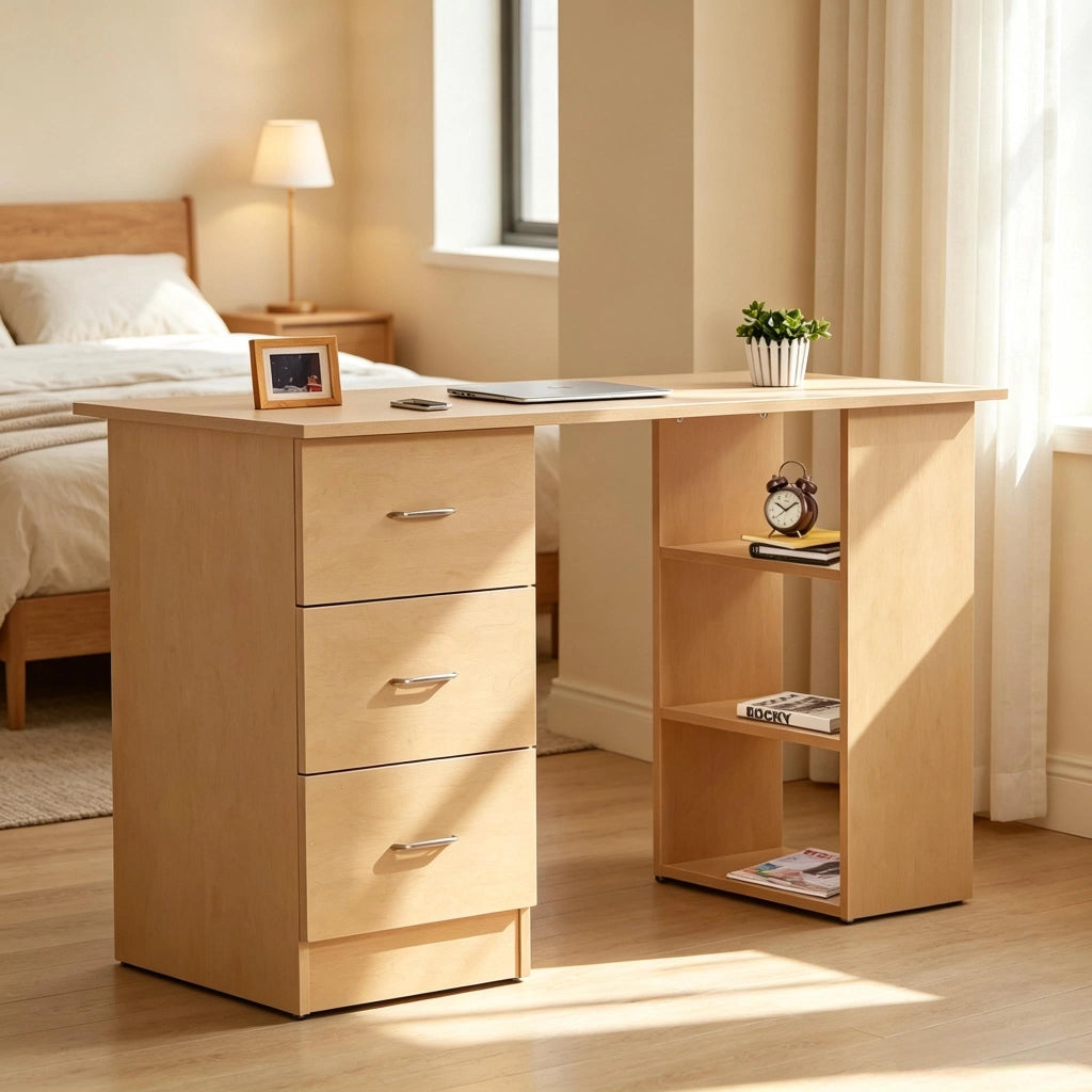 Scrivania computer moderna in MDF con 3 ripiani e 3 cassetti, finitura effetto legno, 120x49x72 cm