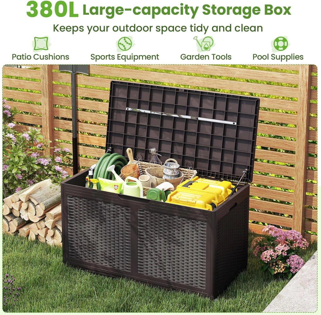 Scatola da giardino da 380 l, impermeabile, con coperchio e 2 ruote, per balcone, terrazza e cortile, 111 x 56 x 61 cm (marrone)
