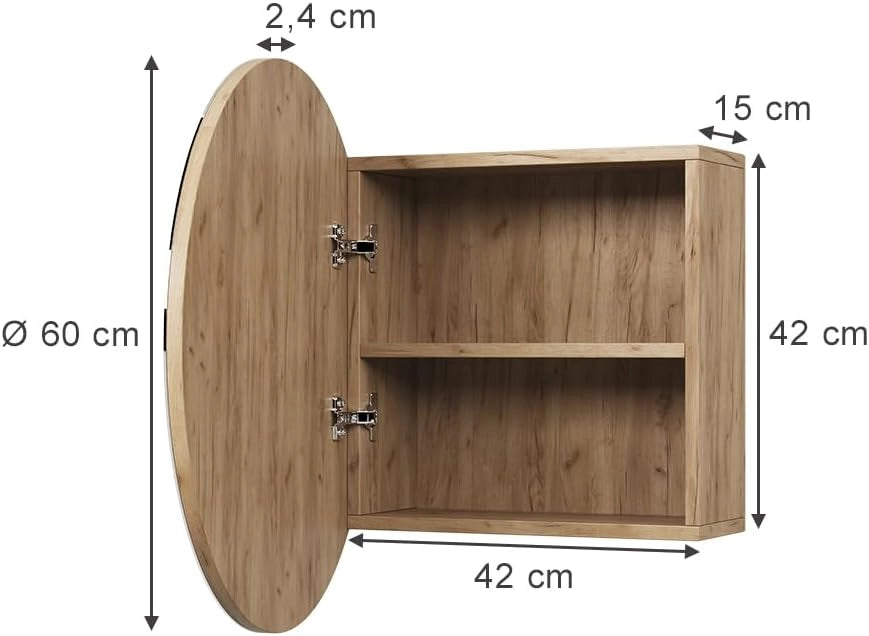 Specchio contenitore bagno Loki, Quercia dorata, 60 x 60 cm con 2 scomparti, per montaggio a parete con specchio e ripiano