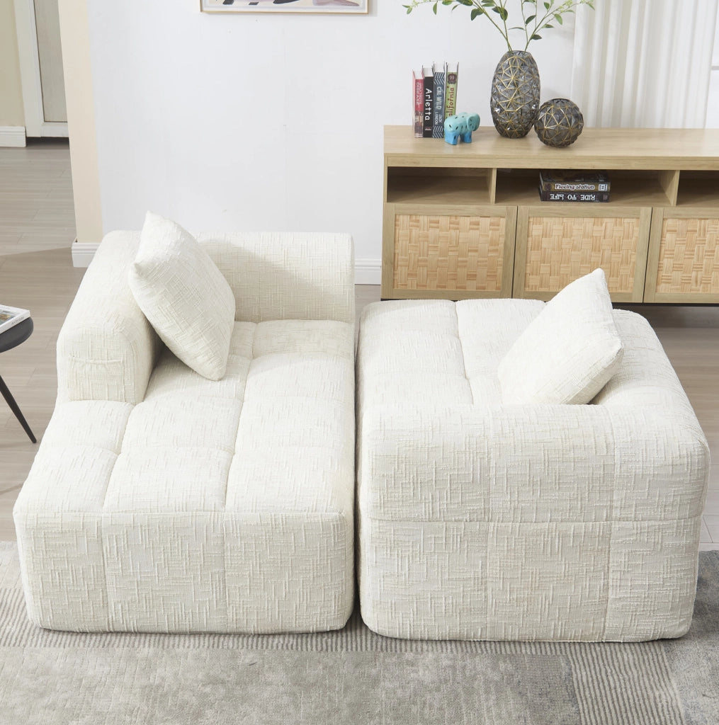 Divano modulare 3 posti in ciniglia beige con chaise longue