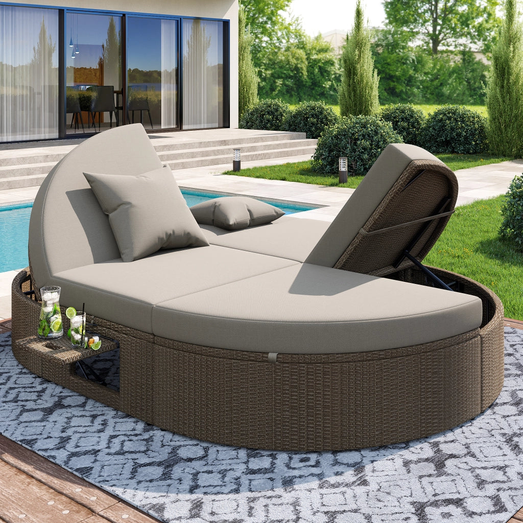 Divano Letto Doppio da Giardino in Rattan ¨C MINIMAL ¨C Daybed 2 Posti con Tavolino Pieghevole