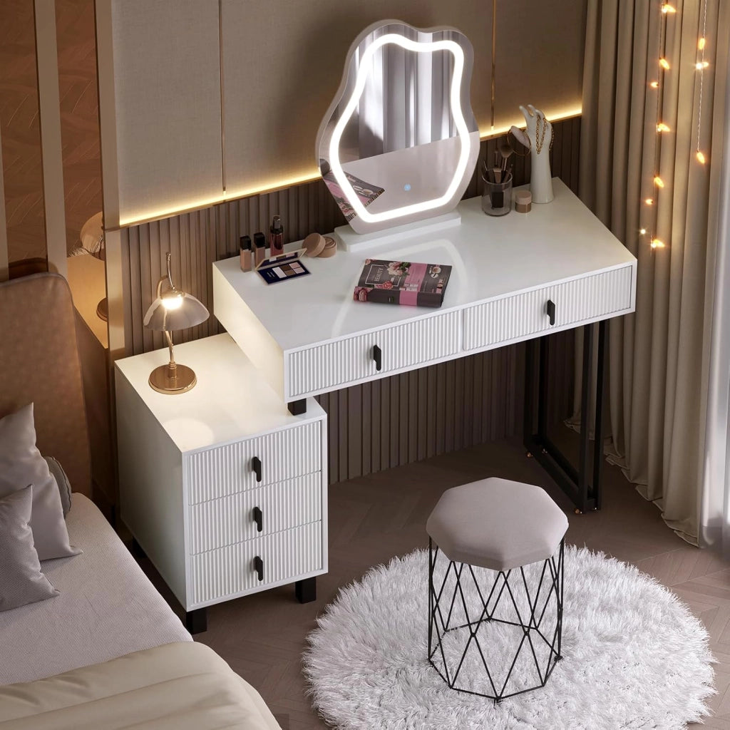 Toeletta con Luce LED, Luminosità Regolabile, Specchio a Nuvola, Piano Lucido, 5 Cassetti in Legno Massiccio, 1 Cassettiera, Moderno, Bianco e Nero