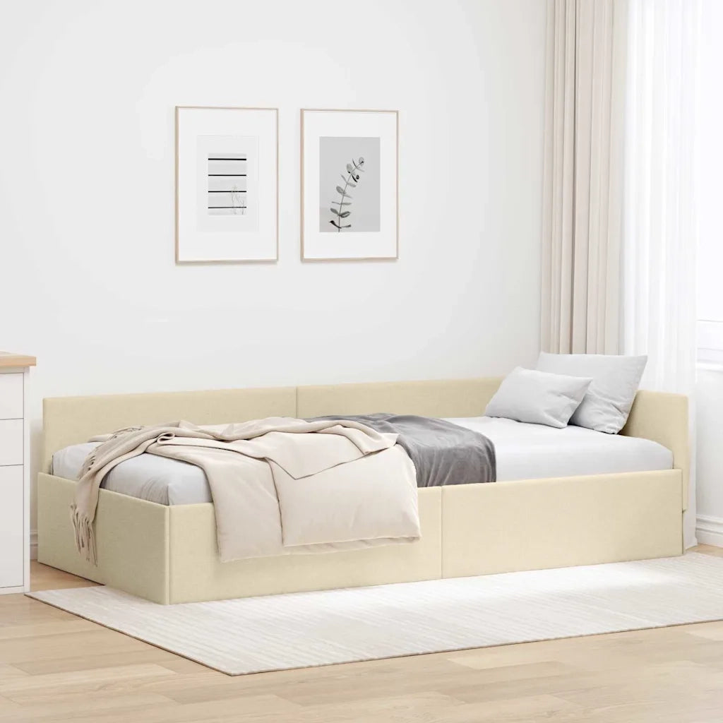 Cornice del letto ad angolo Crema 90 cm x 200 cm Tessuto