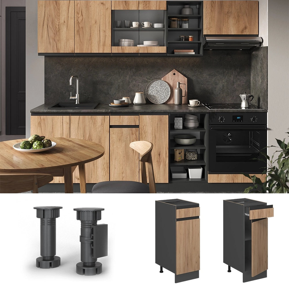 Mobiletto base per cucina R-Line Rovere dorato/Antracite 30 cm Forma a J, senza piano di lavoro Vicco