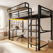 Letto a soppalco 90 × 200 cm con scrivania, rete portaoggetti, LED e presa, senza materasso, in metallo, nero