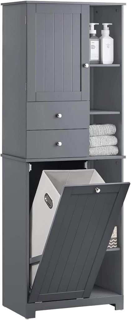 Mobile Bagno con Cesto per Linge Mobile Rangemento Alto Armadio Bagno con 6 Ripiani e 2 Cassetti Mobiletto Salvaspazio Grigio 60x37x171 cm BZR104-DG
