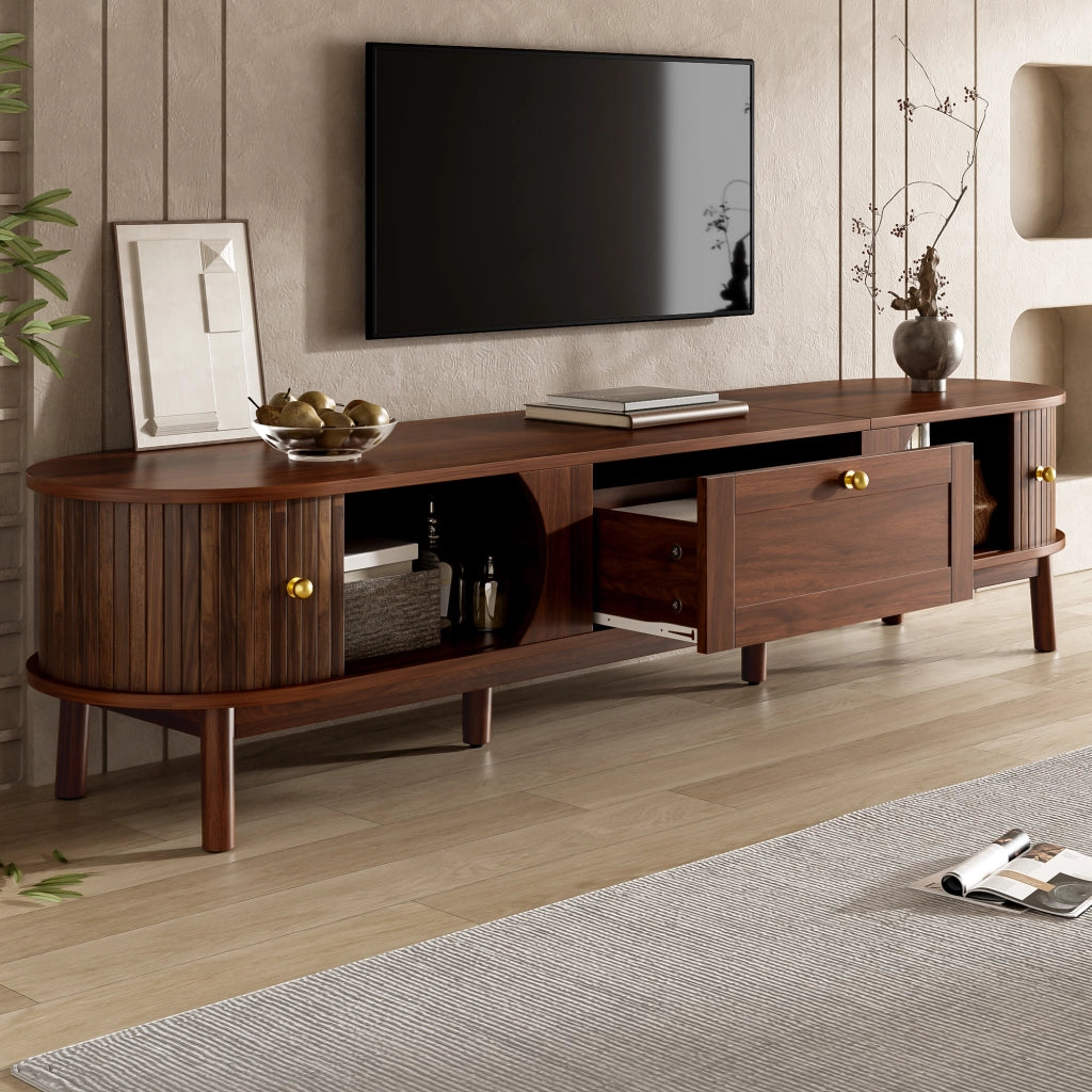 OKWISH Mobile TV con 2 Cassetti e 2 Ante Scorrevoli, Angoli Arrotondati, Gambe in Legno, MDF, Noce 170×39,5×38 cm