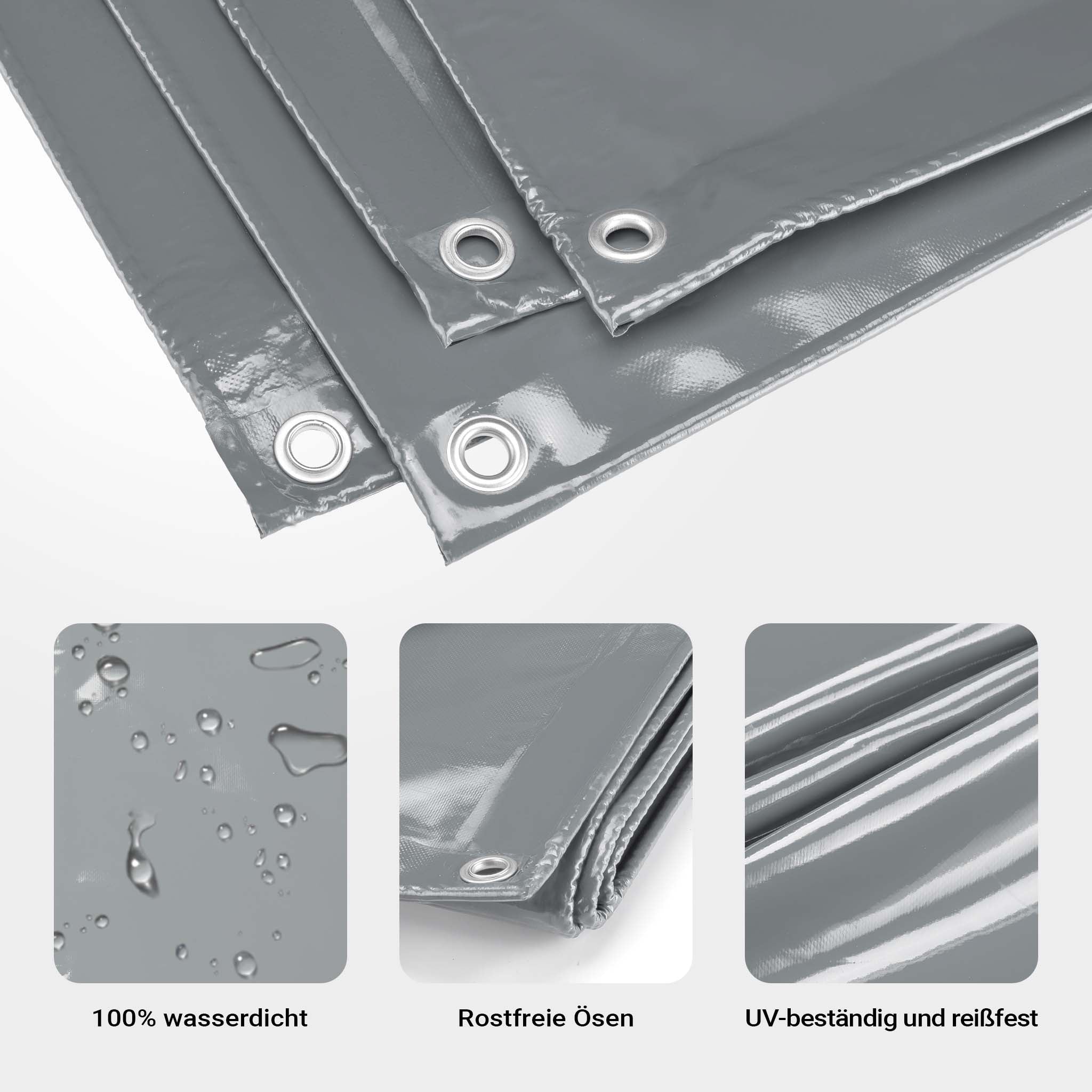 Telone occhiellato grigio 3 x 5 m resistente alle intemperie e a raggi UV, impermeabile, robusto telo di protezione in poliestere 650 g/m² con rivestimento in PVC