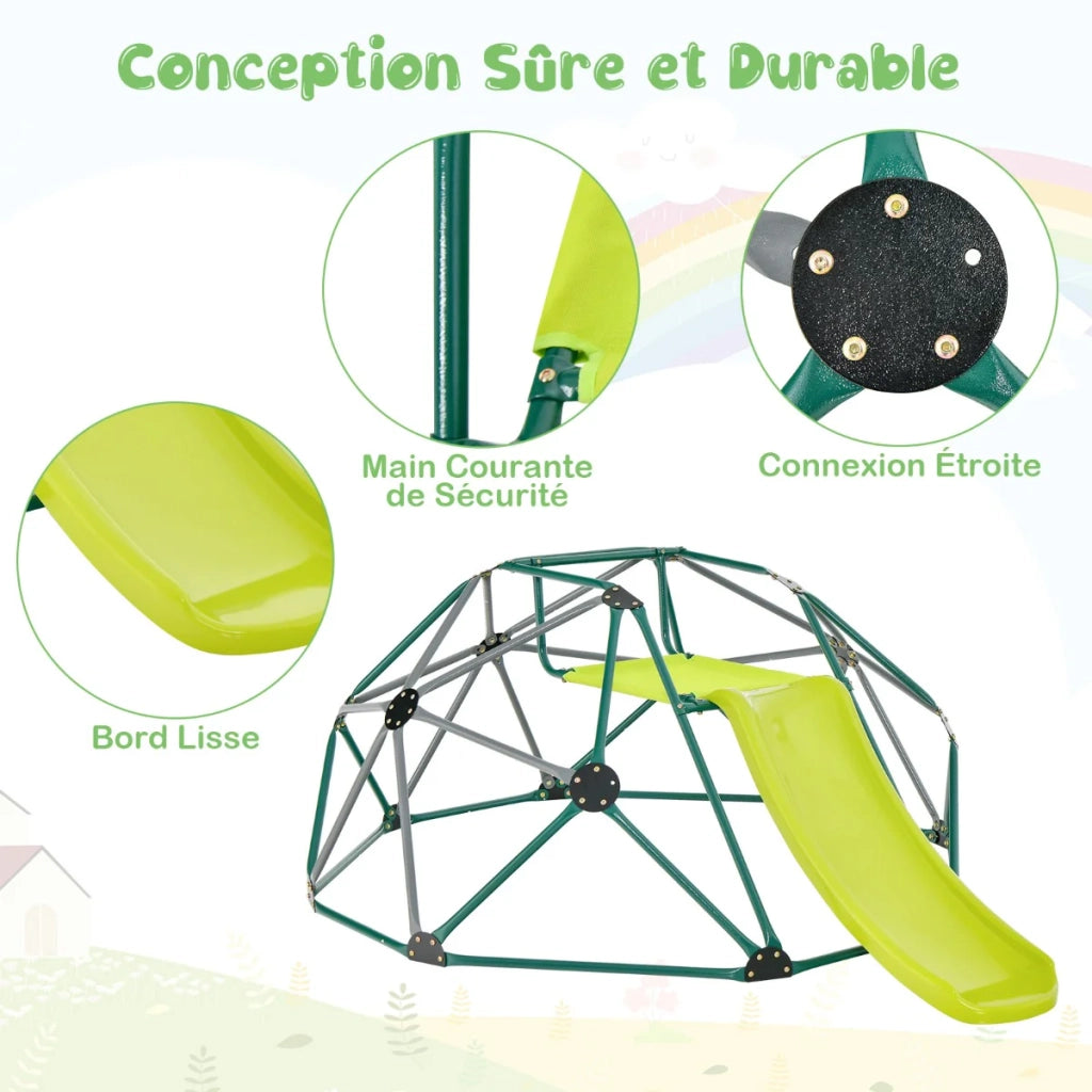 Cupola di arrampicata con scivolo 241,5 x 183 x 91,5 cm per 3 bambini area giochi interna/esterna metallo verde 20_0014355