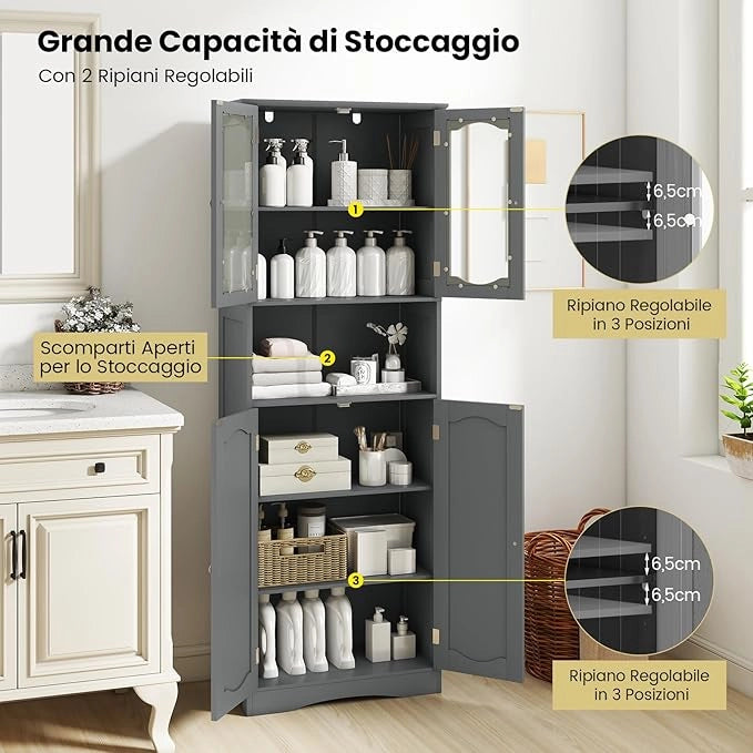 Armadietto Salvaspazio 60 x 30 x 164cm, Mobile Bagno con Scomparti Aperti, Ripiani Regolabili e 2 Porte in Vetro Temprato, Armadio da Bagno per Ufficio, Soggiorno e Camera da Letto (Grigio)