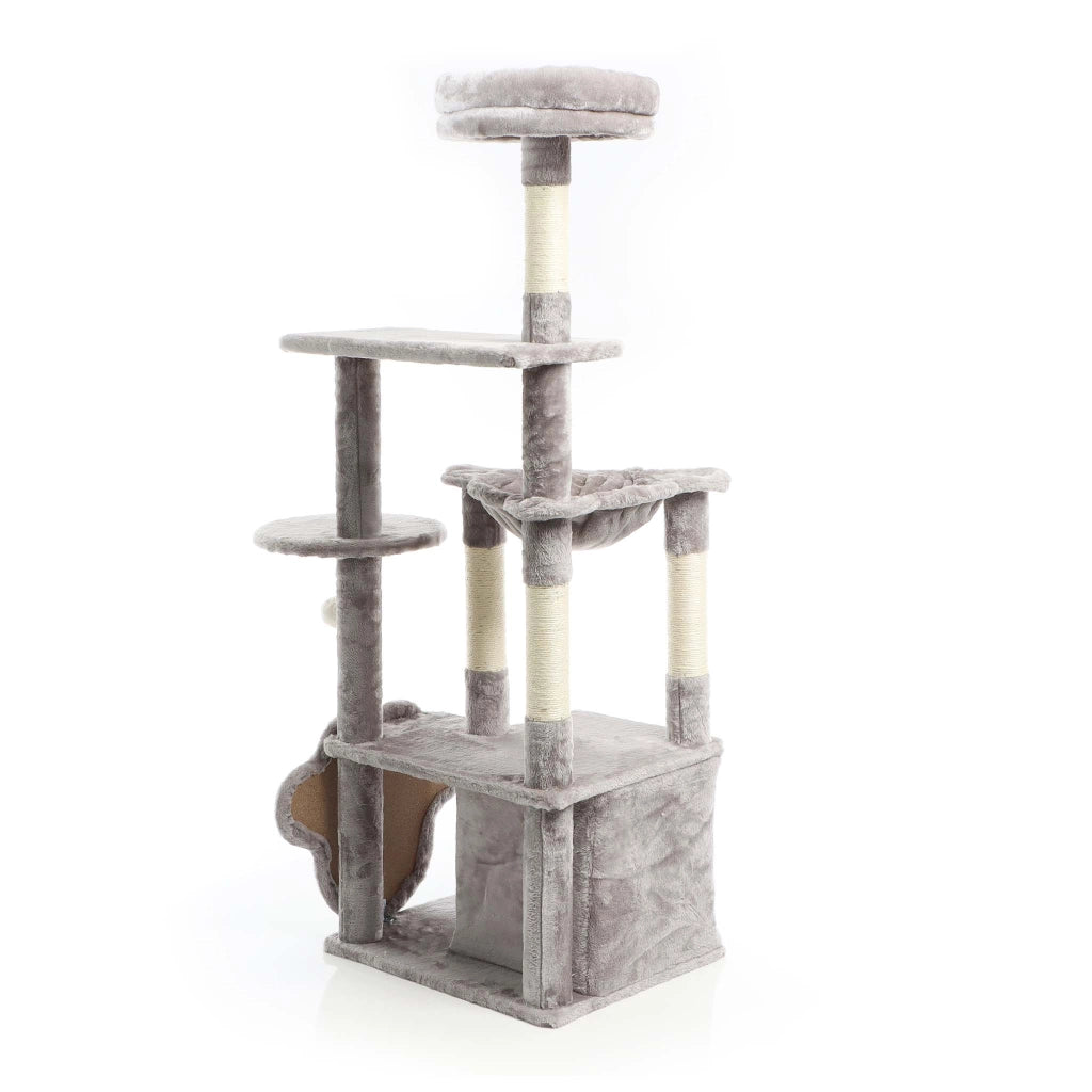 Fudajo Albero tiragraffi grigio con zampa 135cm Con sisal e casetta Cuccia per gatti Nicchia