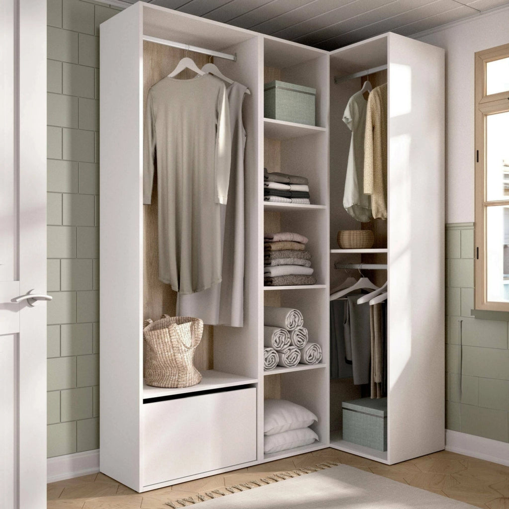Guardaroba grande Tobias, Mobile camera da letto, Cabina armadio portabiti, Armadio appendiabiti, 145x85 h205 cm, Bianco e Rovere