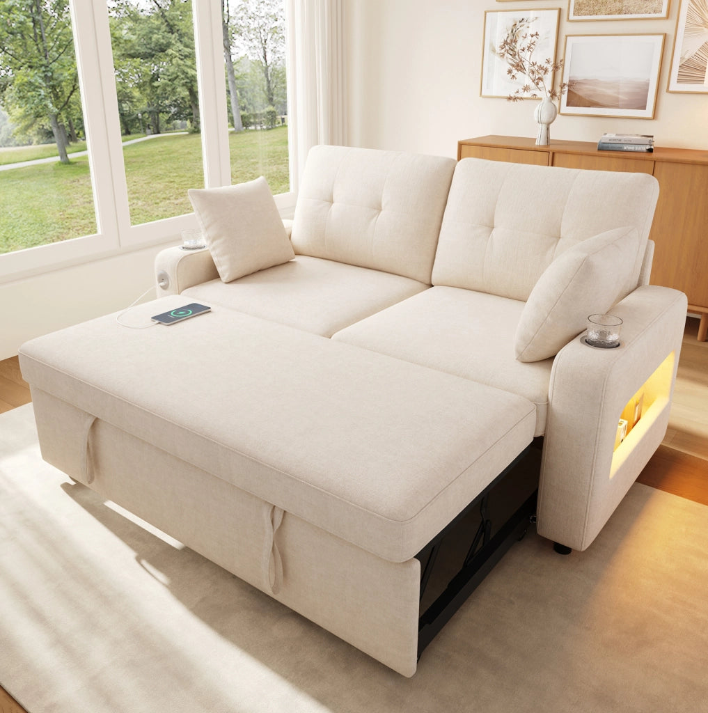 Divano letto 2 posti ULEVR con LED, porte USB e Type-C, vani nei braccioli e portabevande, beige