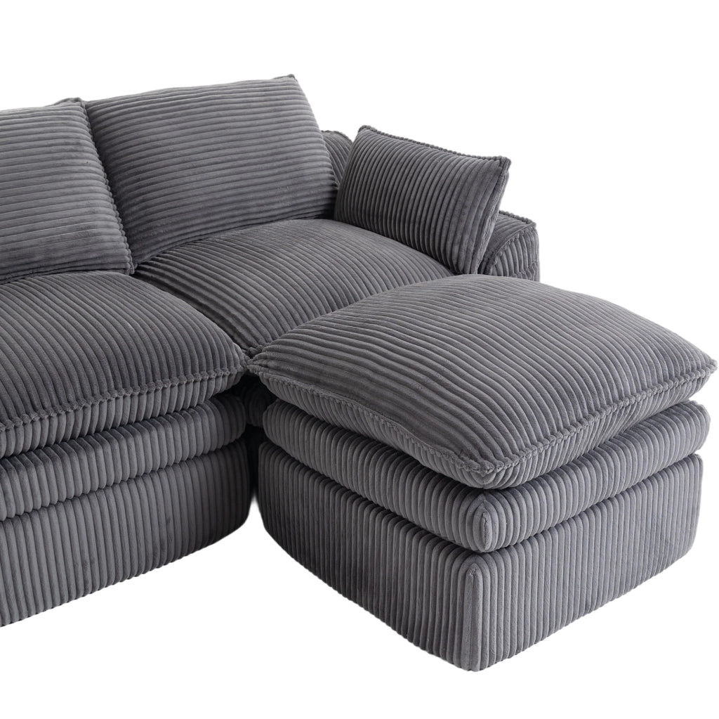 Divano modulare 3 posti con pouf in velluto a coste grigio scuro, confortevole e versatile