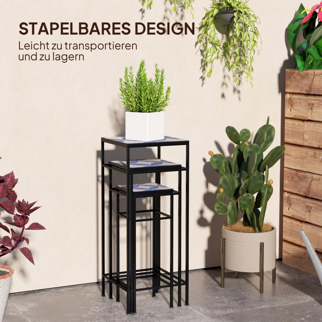 Set di 3 Supporti per Piante in Metallo con Piano a Mosaico Blu e Bianco, Altezza 71 cm, per Interni e Esterni