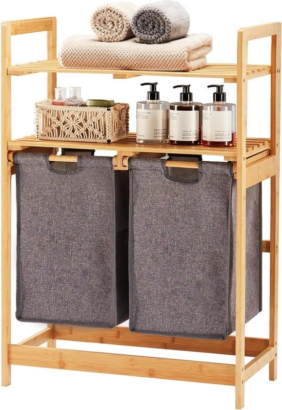 Fascia per lavanderia in bambù con 2 pannelli e 2 asciugamani retrattili - Ideale per camera da letto, bagno e lavanderia - Grigio - 93 x 64 x 33 cm