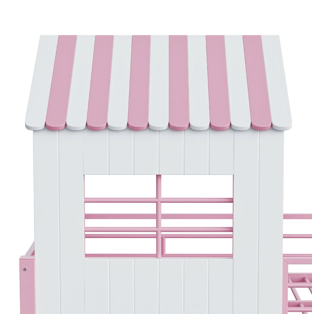Letto a soppalco multifunzione 90 x 200 cm con scala contenitore e scaffale; rosa