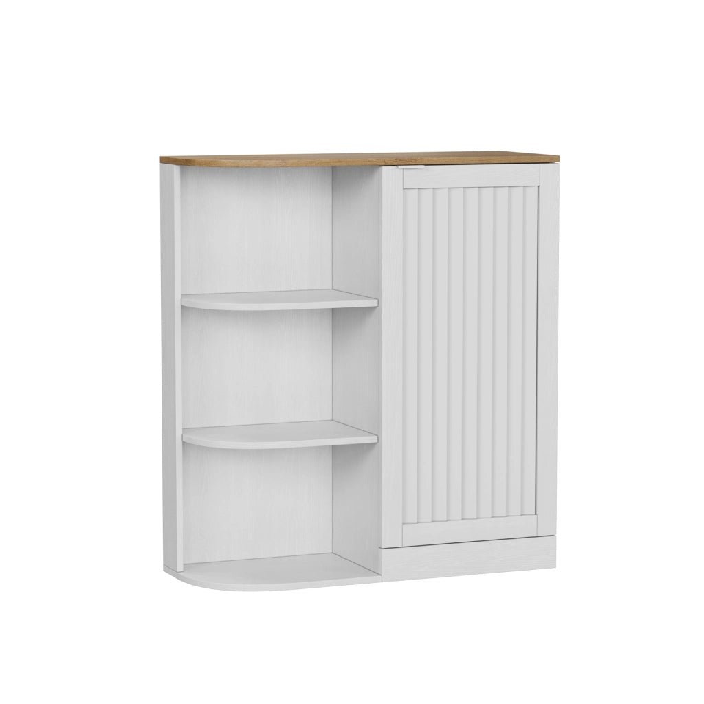 Mobile angolare salvaspazio con ripiani aperti e vani chiusi, bianco effetto rovere, in MDF