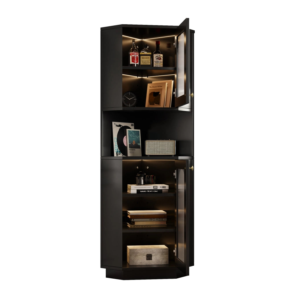 Armadietto da bagno angolare con LED e ripiani regolabili, 2 vani aperti, in MDF, nero, 45 × 45 × 166,5 cm