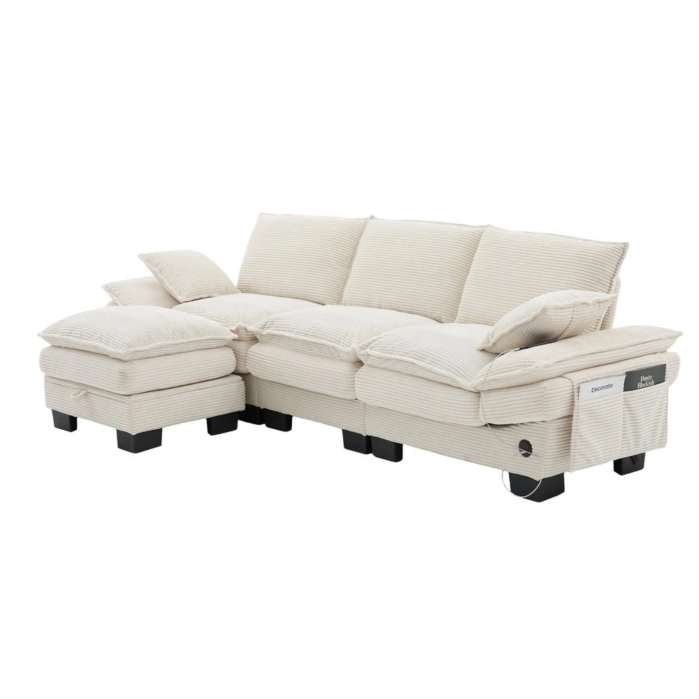 Divano 3 Posti con Poggiapiedi in Tessuto ¨C Xylo ¨C Beige, Cuscini, USB