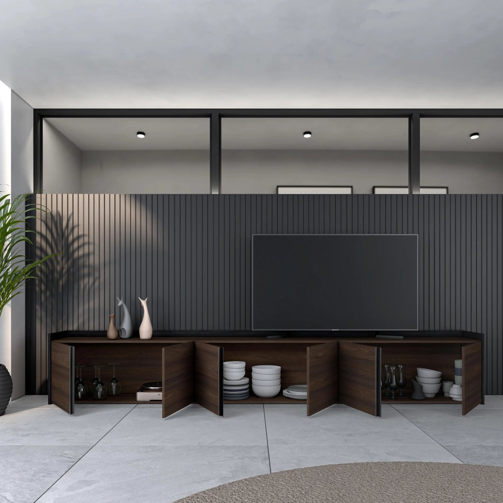 Mobile TV Soggiorno, 309x50x35 cm, Per TV fino a 80", Mobile Soggiorno, Rovere scuro e Nero