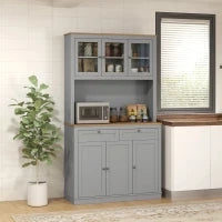 Armadio Dispensa da Cucina con 3 Porte in Vetro, Compartimento Aperto, 2 Cassetti e Scaffali Regolabili 100x40x180 cm Grigio