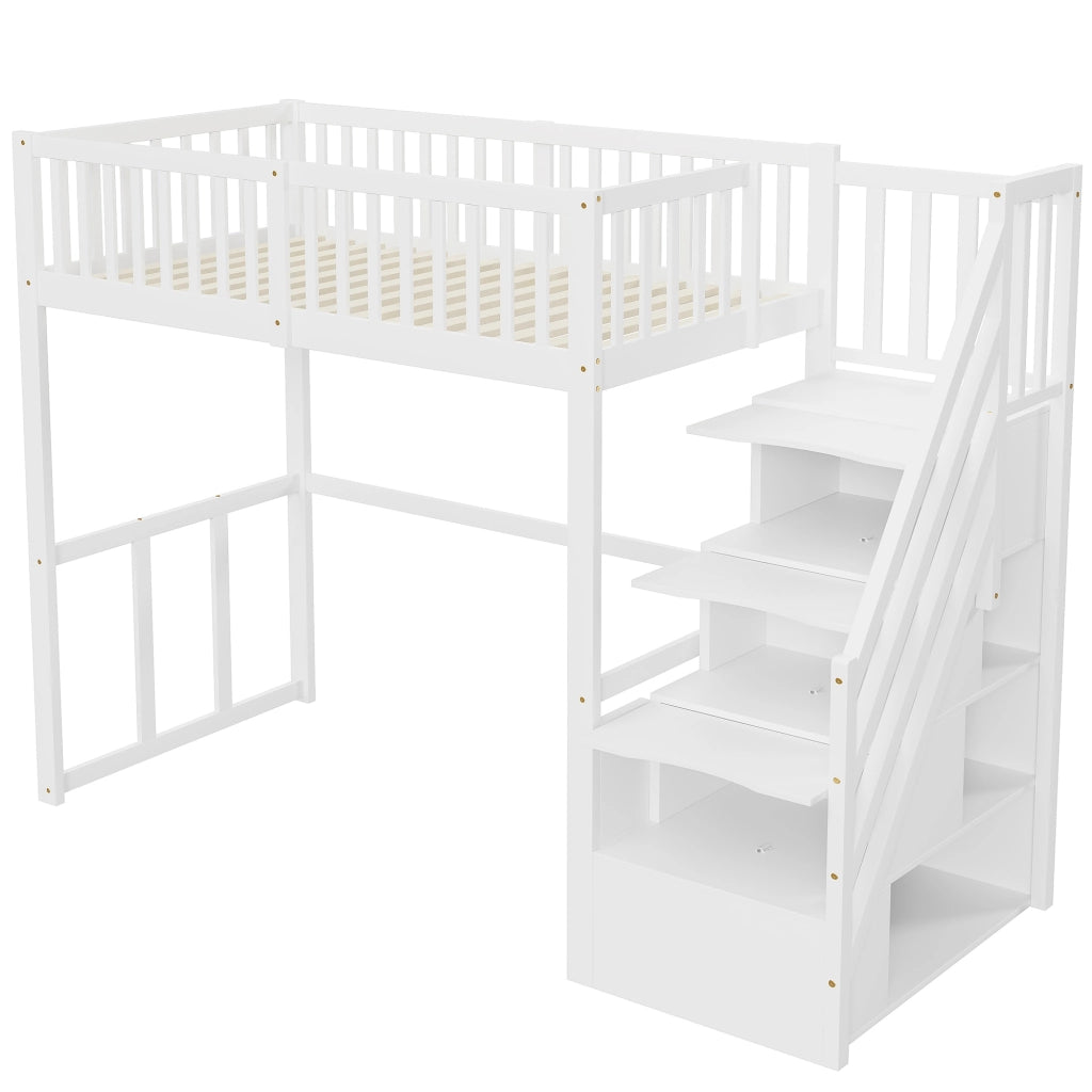 Letto a Soppalco Singolo con Scala Contenitore e Scrivania 90×200 cm; senza Materasso; in Legno; Bianco