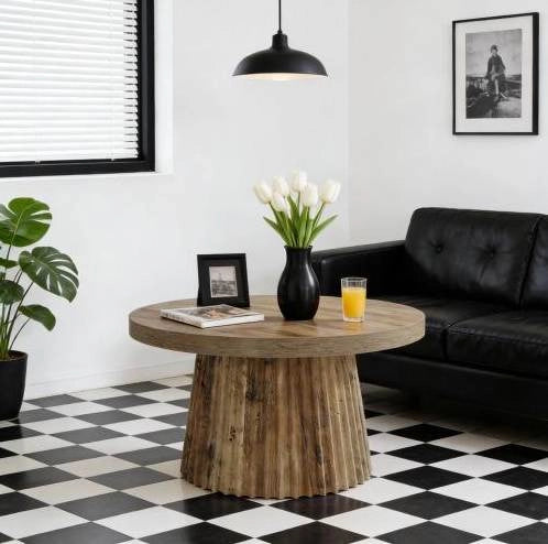 Tavolino da caffè rotondo ? 80 cm in MDF marrone con base a colonne scanalate