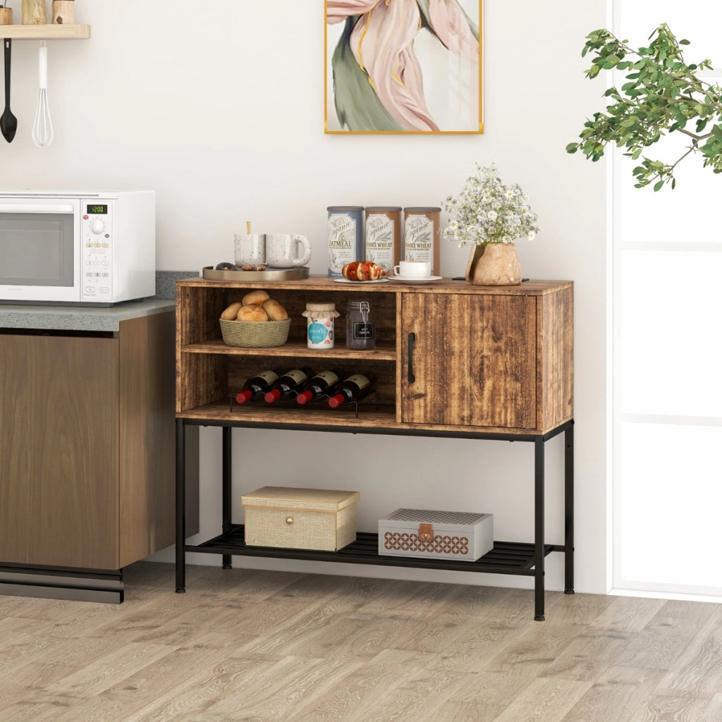 Tavolo consolle in legno con struttura metallica per sala da pranzo-Credenza buffet con portabottiglie e mensole Marrone