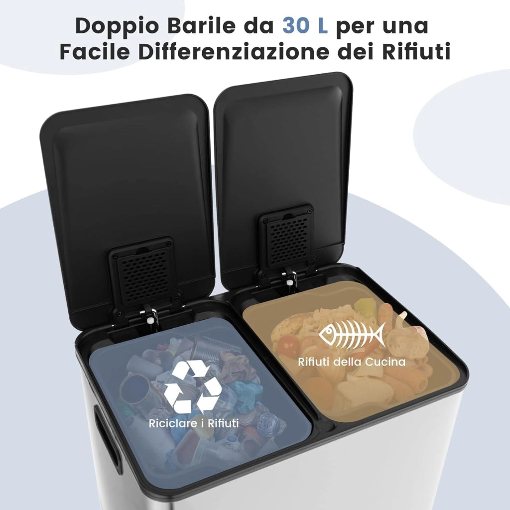 2x30 L Pattumiera Differenziata, Bidoni Differenziata in Acciaio Inox a 2 Scomparti, Anti-Impronte, Secchio Spazzatura con Coperchi a Chiusura Morbida, per Casa Ufficio (Argento)