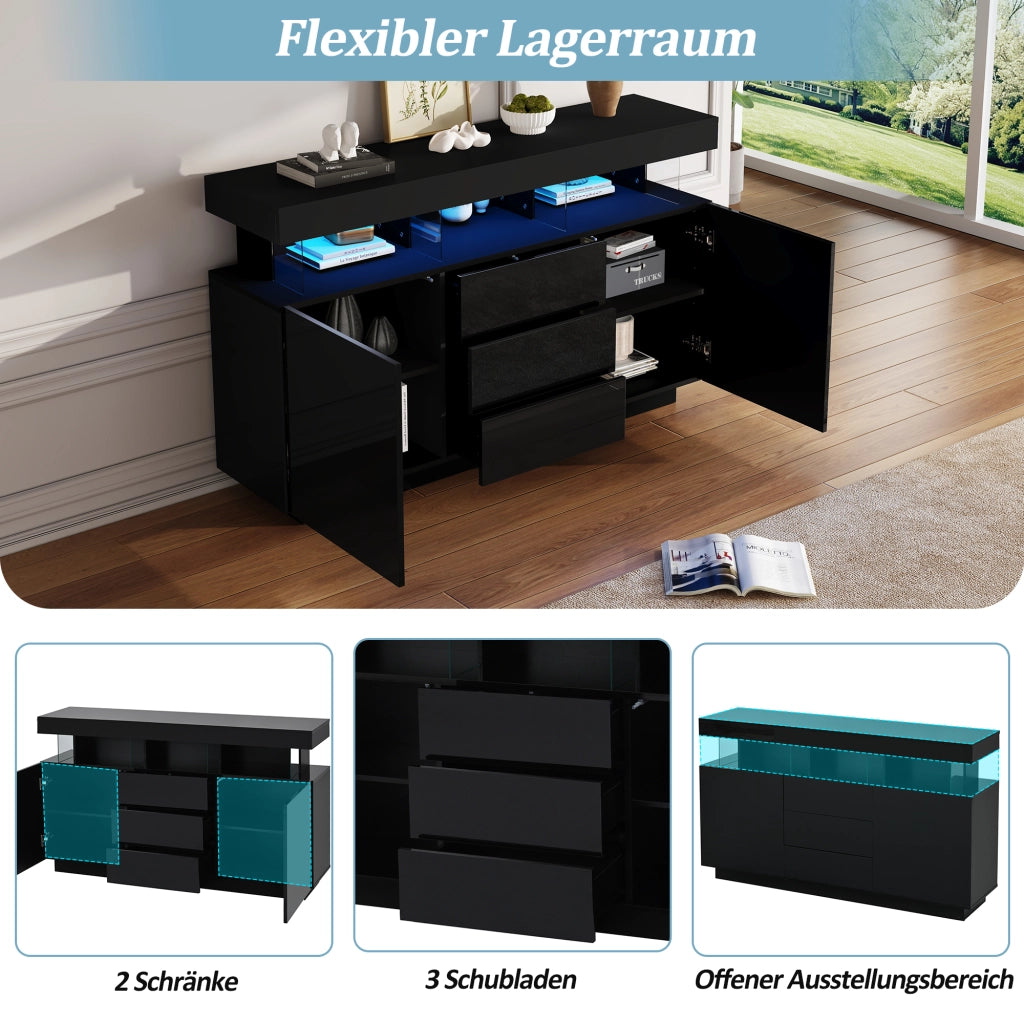 Madia con 3 cassetti; 2 ante e LED - per soggiorno - 140 x 35 x 80 cm - nera