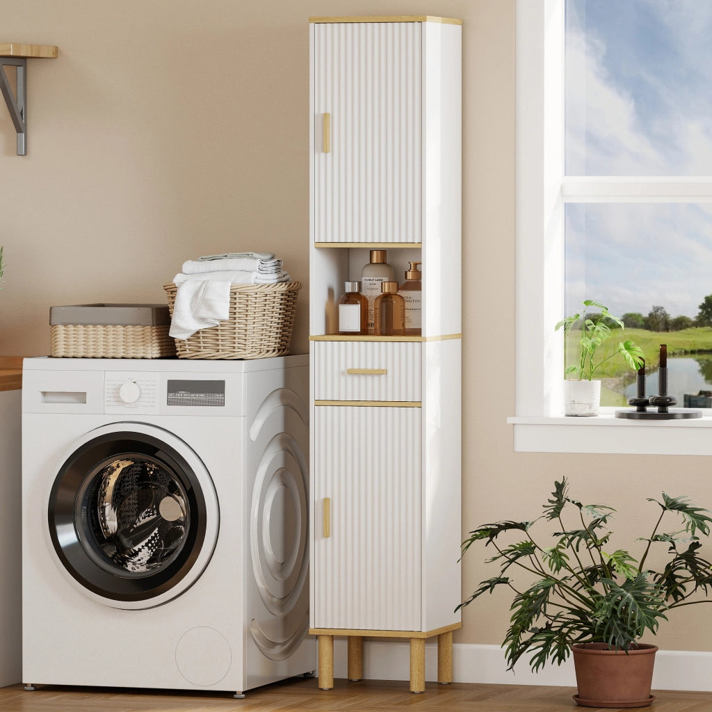 Armadietto 172 cm, Mobile Bagno con Cassetto e Ripiani Regolabili, Bianco