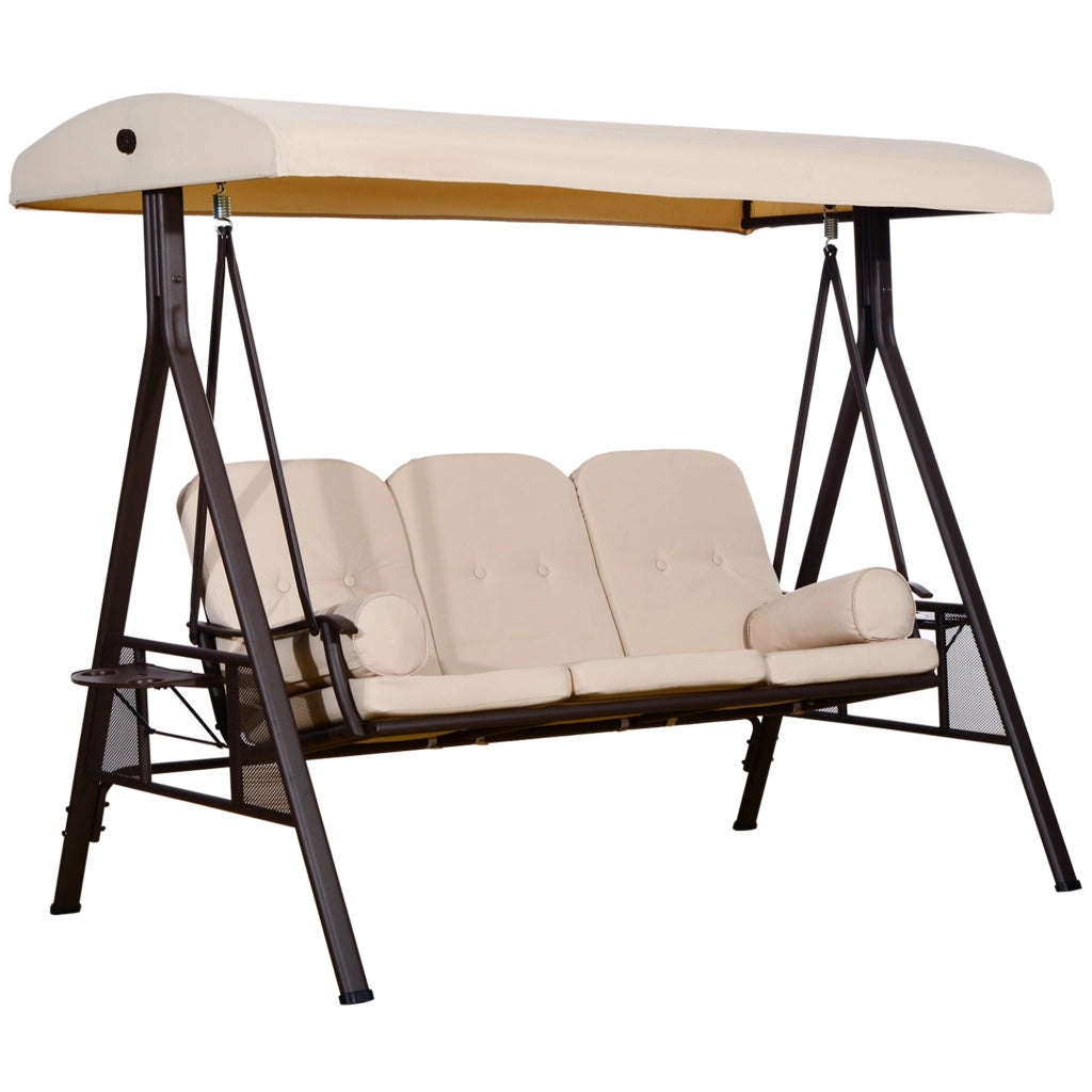 Dondolo da Giardino 3 Posti 208x121x172 cm Tetto Regolabile, Portabicchieri e Cuscini Beige
