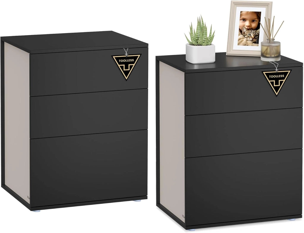 VASAGLE Comodino, Montaggio Rapido Senza Attrezzi Toolless, Tavolino con Stazione di Ricarica, Moderno, Cassetto, per Camera da Letto e Soggiorno, Nero Inchiostro e Beige Cappuccino LET777B04