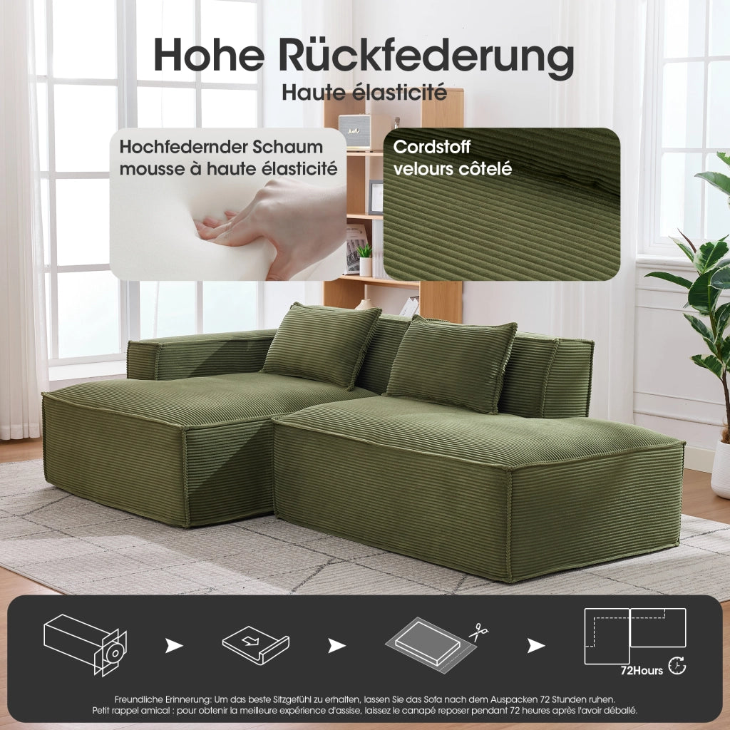 Divano compatto con cuscini e seduta elastica per piccoli spazi, design semplice in poliestere verde