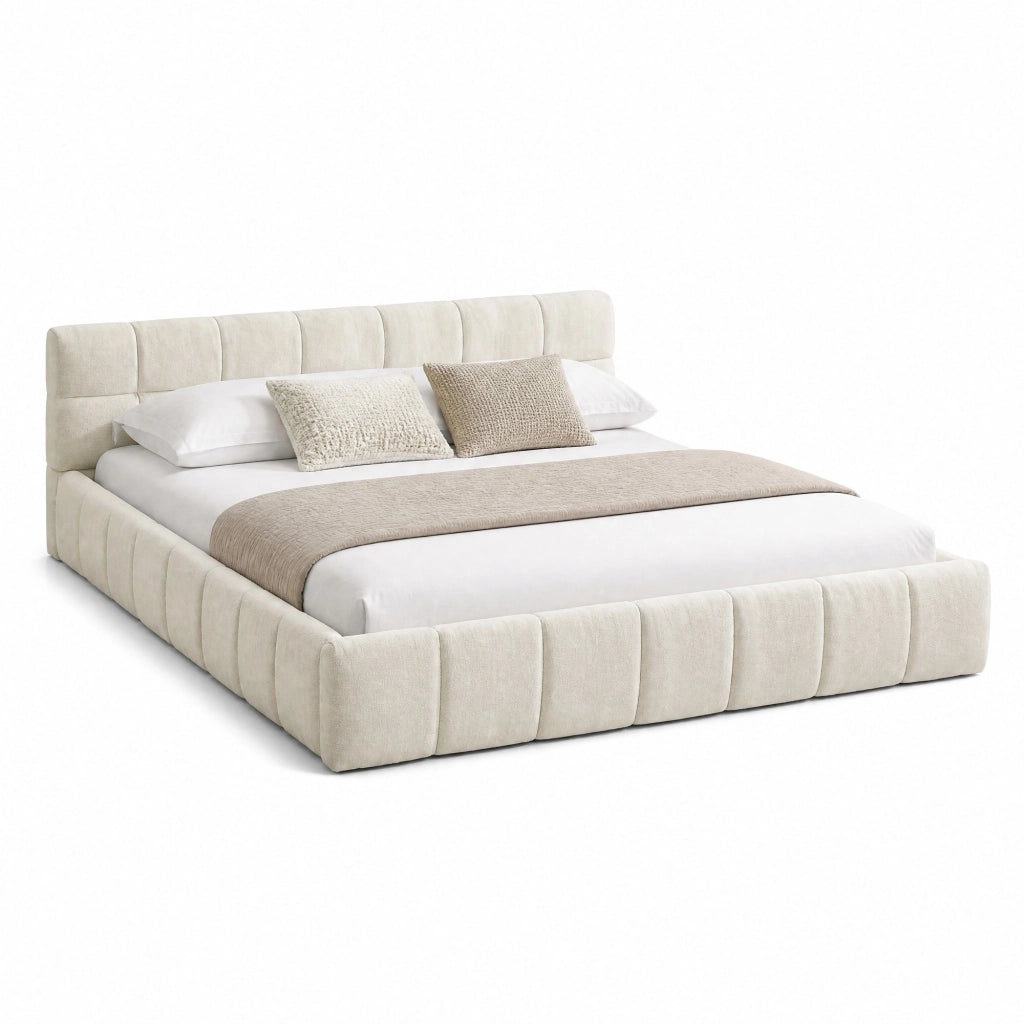 Letto matrimoniale imbottito 140x200 cm in ciniglia beige