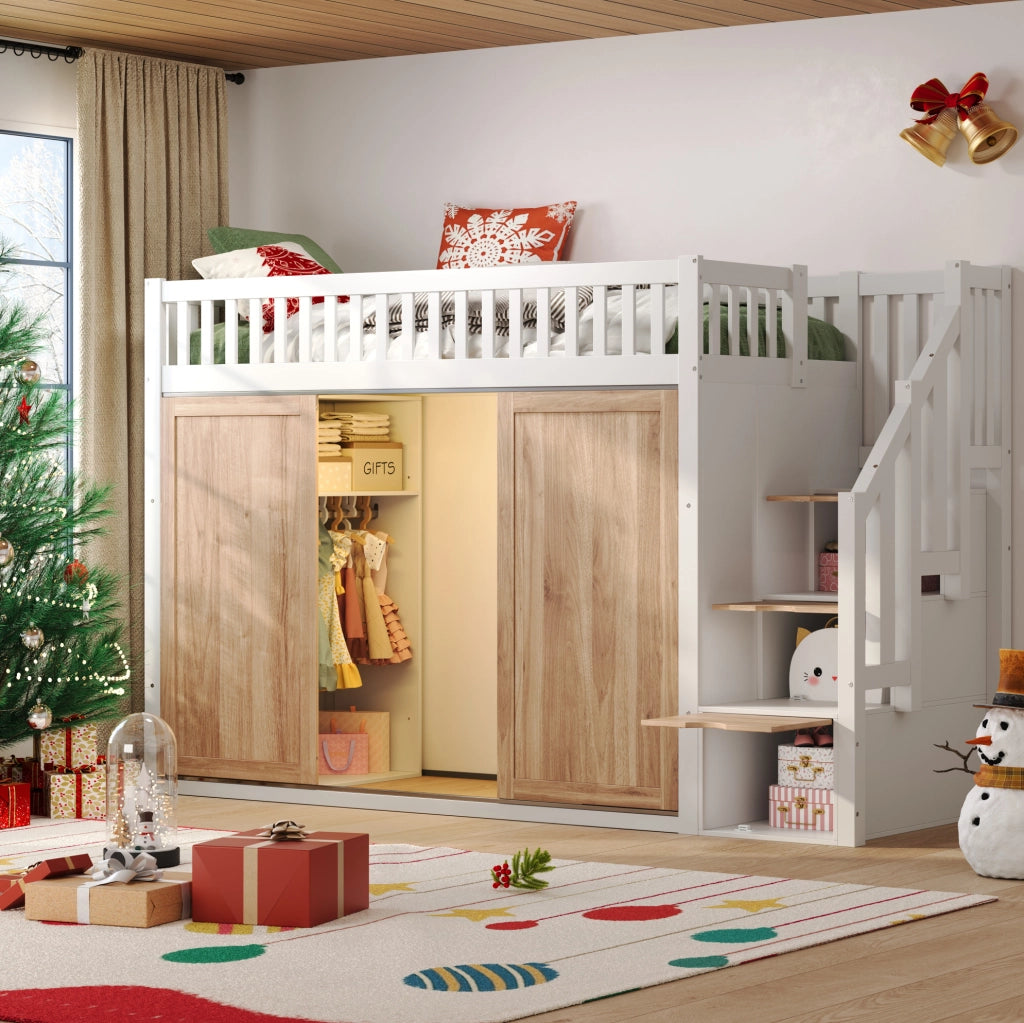 Letto a soppalco 90x200 cm con armadio, scala e luce multicolore