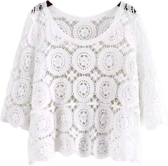 Maglione 3/4 Manica Corta - Disegno a Maglia Fiorale - Cappuccio Removibile - Tela di Cotone - Cappuccio Estivo - Copertura per Spiaggia